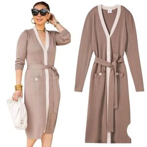 Cabi Genteel Long Knit Cotton Blend Cardigan sz M Button Front Belt Preppy NWT